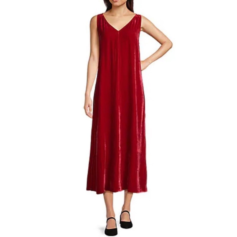 NWT!! EILEEN FISHER Red Scarlet Velvet Silk V Neck Midi‎ Dress A-Line Preppy XXS